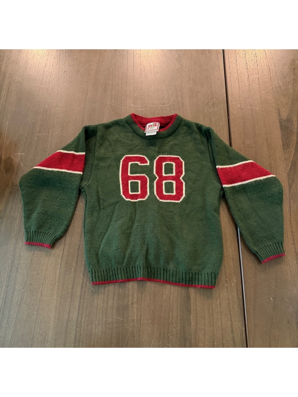 Vintage Kids Varsity Knit Sweater 68 Football Number Green Red Youth Retro Fall